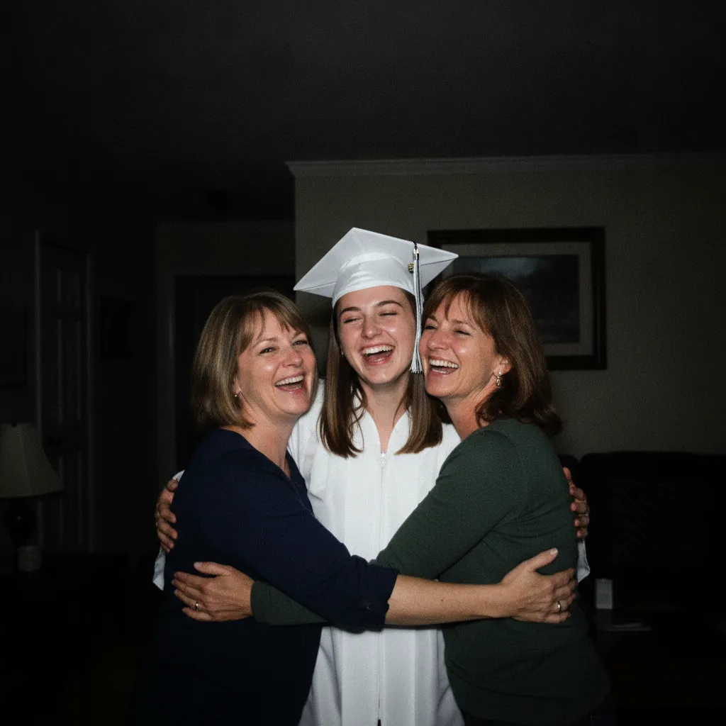 Graduate hugging proud family members
