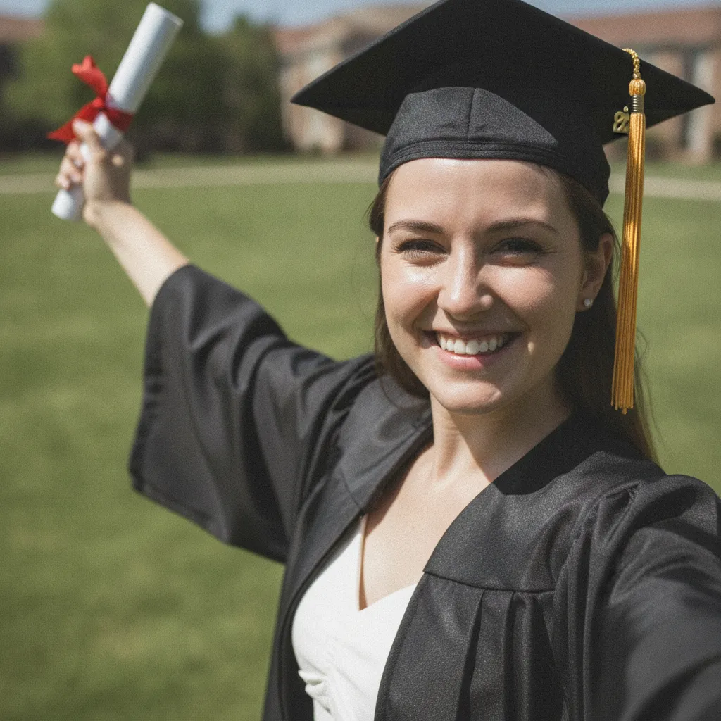 Selfie of a graduate in cap and gown holding a diploma