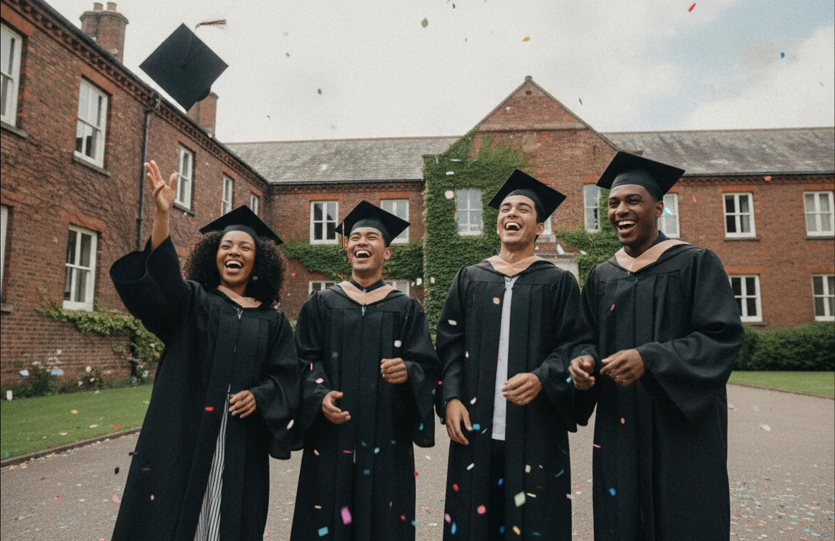 Group of friends in caps and gowns celebrating at graduation