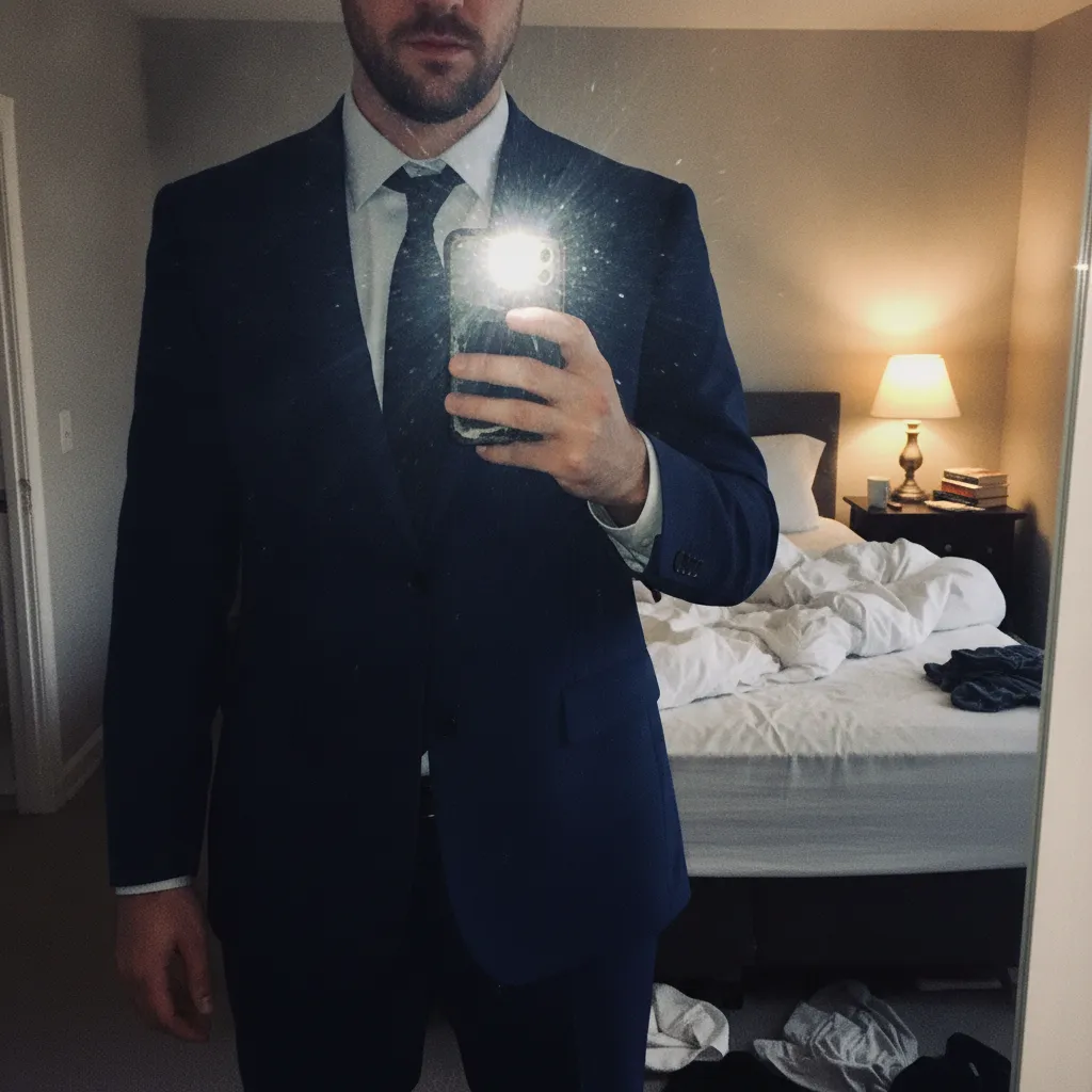 Mirror selfie in a navy suit before a big day