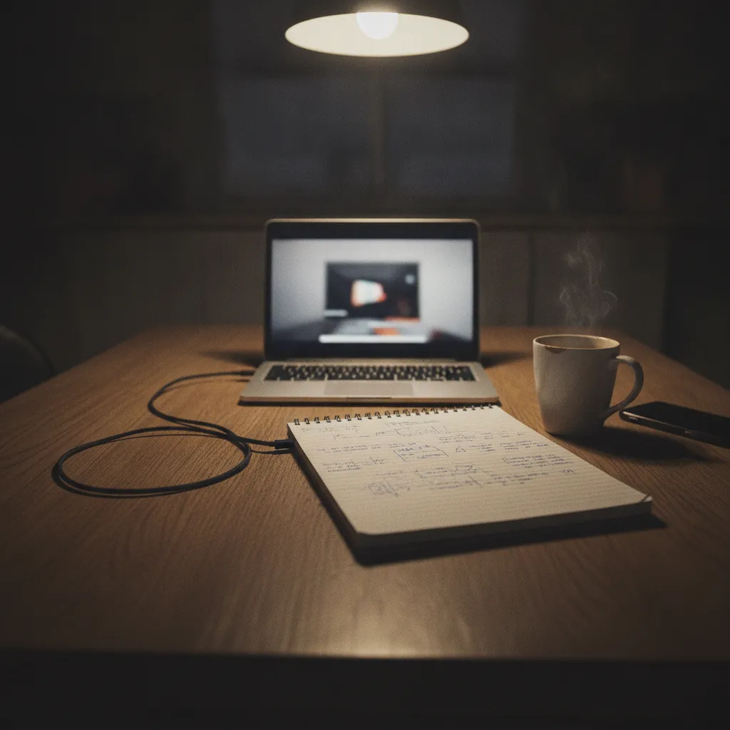 Laptop, notes, and coffee on a kitchen table at night